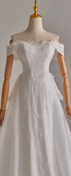 Off Shoulder Lace and Pearls Wedding Dress