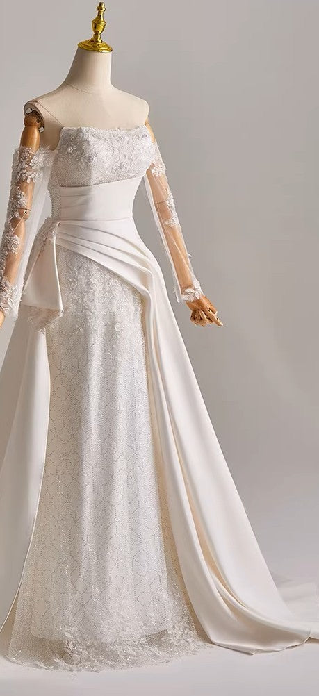 Off Shoulder Lace and Mikado Satin Wedding Dress