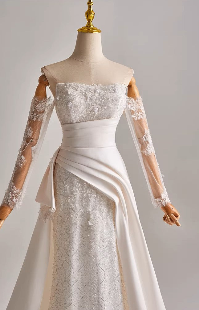 Off Shoulder Lace and Mikado Satin Wedding Dress