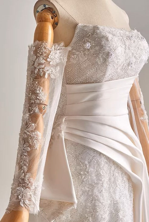 Off Shoulder Lace and Mikado Satin Wedding Dress