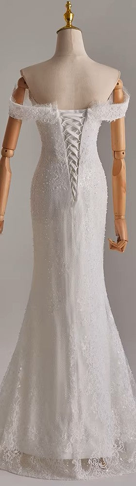 Off Shoulder Lace and Pearls Wedding Dress