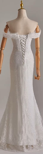 Off Shoulder Lace and Pearls Wedding Dress