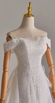 Off Shoulder Lace and Pearls Wedding Dress