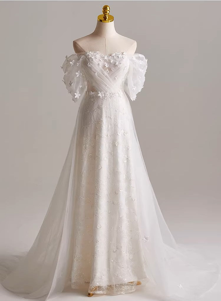 A line Style Dress with Floral Embellishments Wedding Dress
