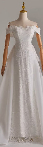 Off Shoulder Lace and Pearls Wedding Dress