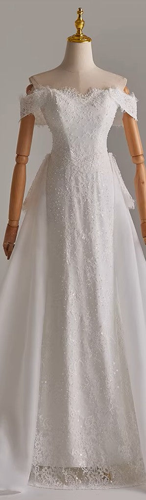 Off Shoulder Lace and Pearls Wedding Dress