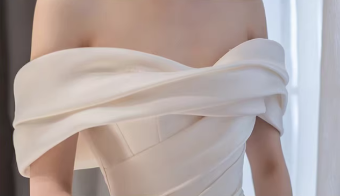 Structured Off the Shoulder Satin Wedding Dress with Lace Skirt