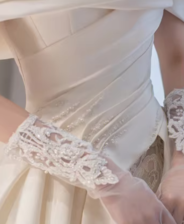 Structured Off the Shoulder Satin Wedding Dress with Lace Skirt