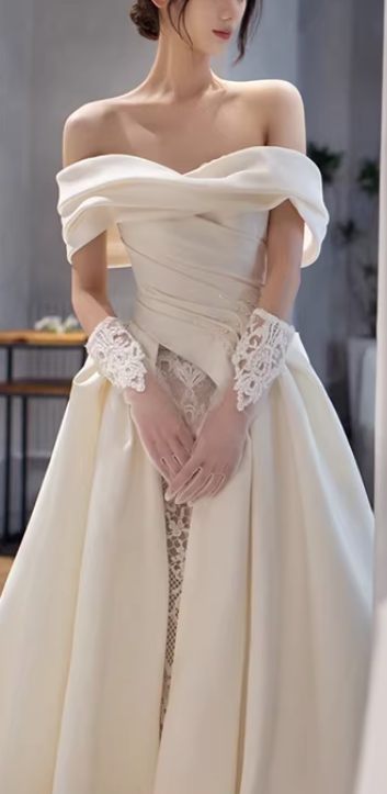 Structured Off the Shoulder Satin Wedding Dress with Lace Skirt
