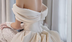 Structured Off the Shoulder Satin Wedding Dress with Lace Skirt