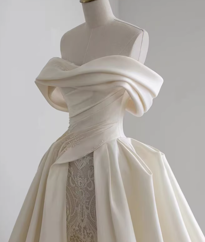 Structured Off the Shoulder Satin Wedding Dress with Lace Skirt