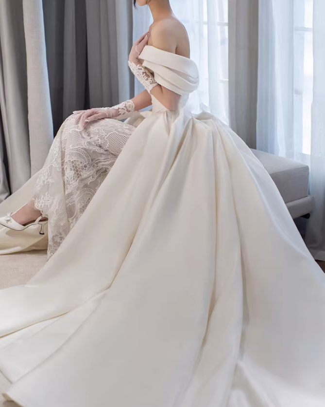 Structured Off the Shoulder Satin Wedding Dress with Lace Skirt