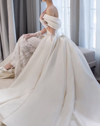 Structured Off the Shoulder Satin Wedding Dress with Lace Skirt