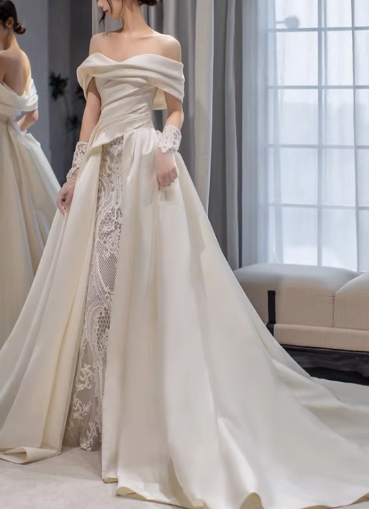 Structured Off the Shoulder Satin Wedding Dress with Lace Skirt