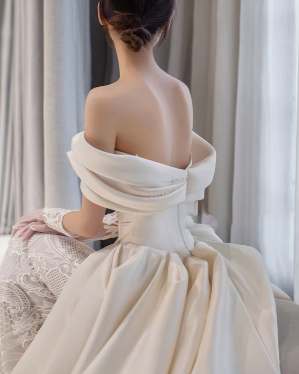 Structured Off the Shoulder Satin Wedding Dress with Lace Skirt