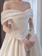 Structured Off the Shoulder Satin Wedding Dress with Lace Skirt