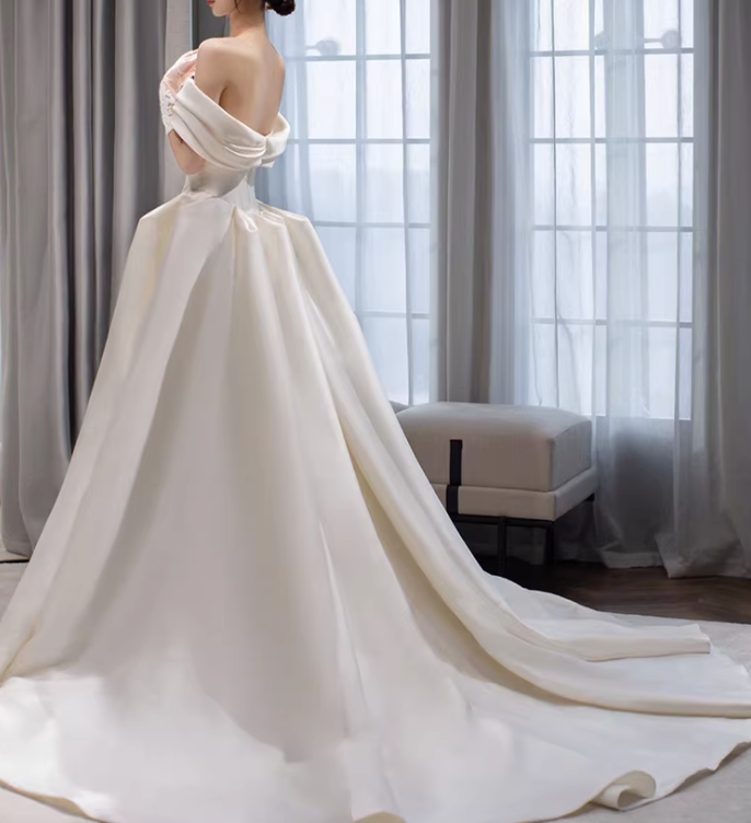 Structured Off the Shoulder Satin Wedding Dress with Lace Skirt